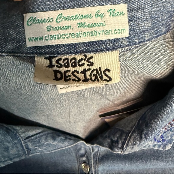 Isaac’s Designs Denim Jacket Embellished Shirt Unique USA Rhinestone Women’s 1XL - Picture 12 of 15